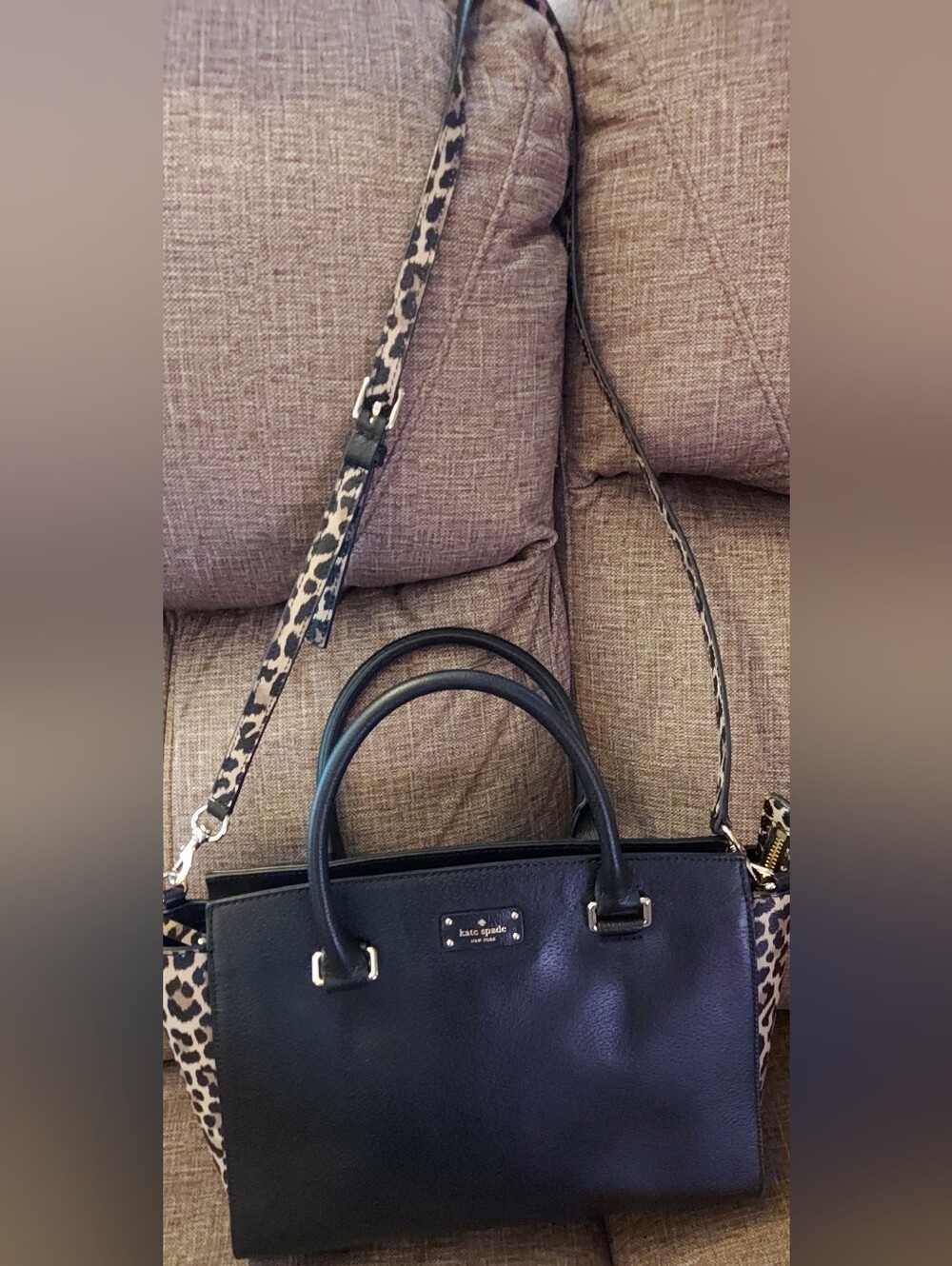 Kate Spade Grove Street Black Leather Leopard Lana Satchel
